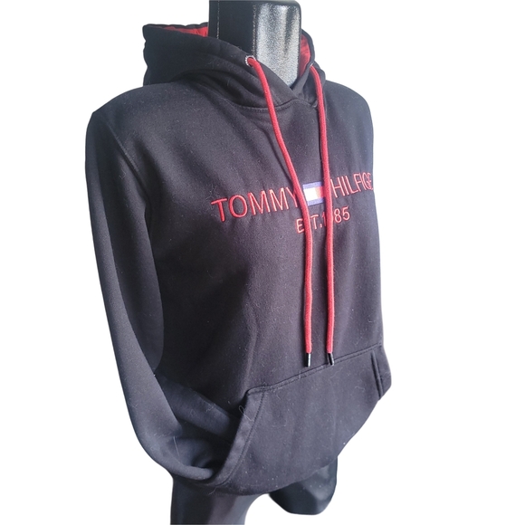 Tommy Hilfiger Black Pullover Hoodie with Red Accents M - Picture 2 of 6